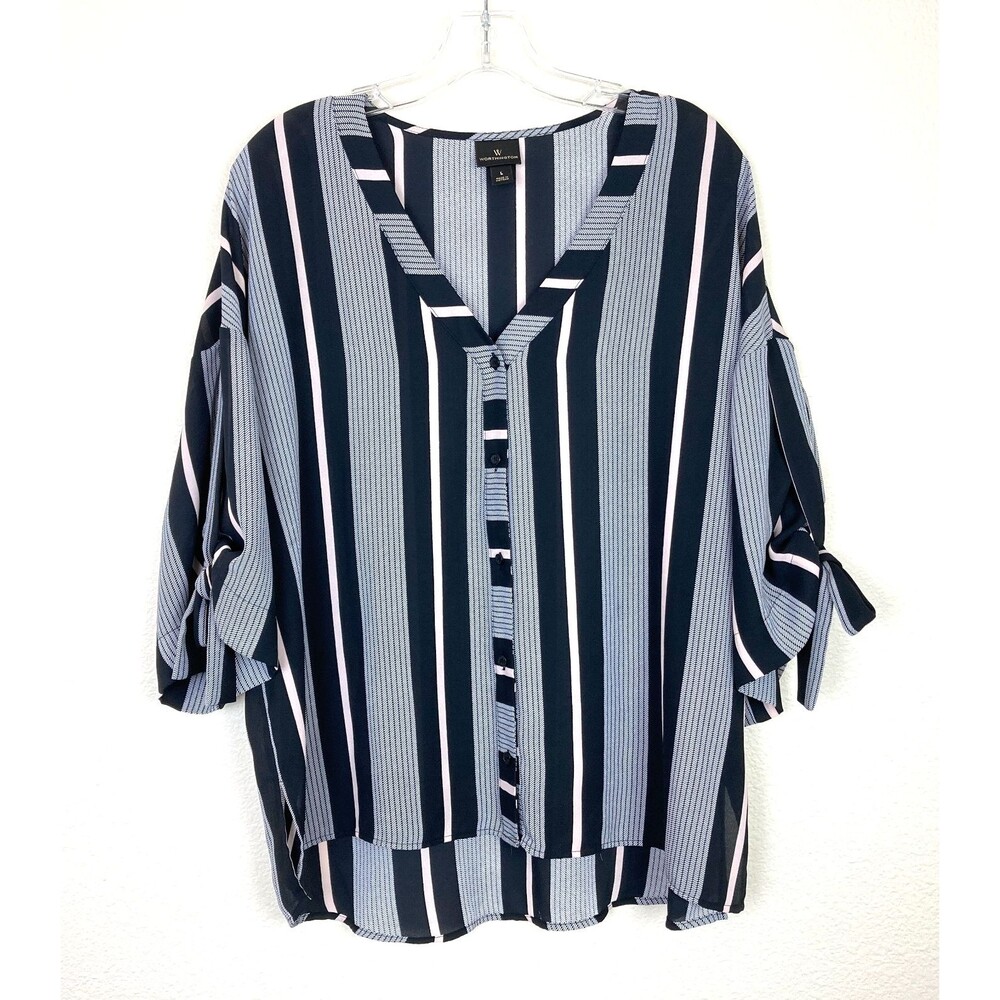 Worthington Women's V-Neck Button Front Blouse Size L Black White Office Casual